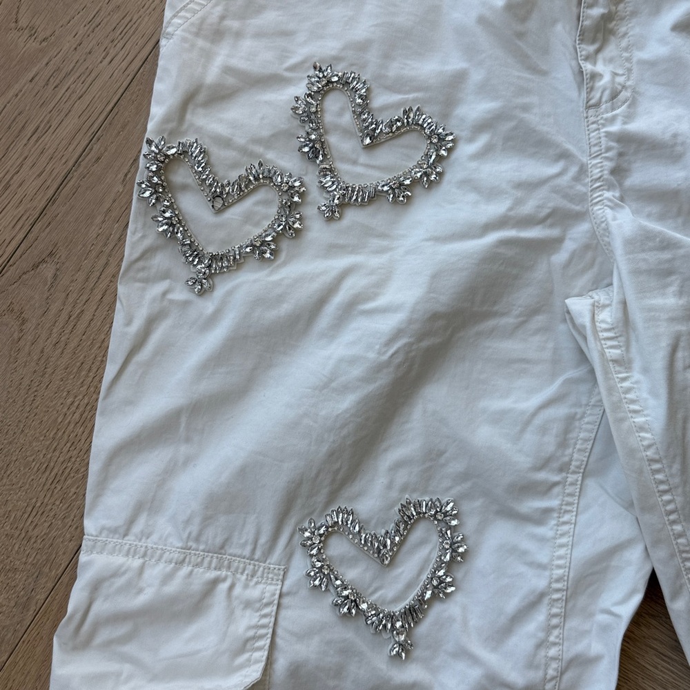 BDG Modified Cream Cargo Pants w/ Rhinestone Hearts - Picture 4 of 8
